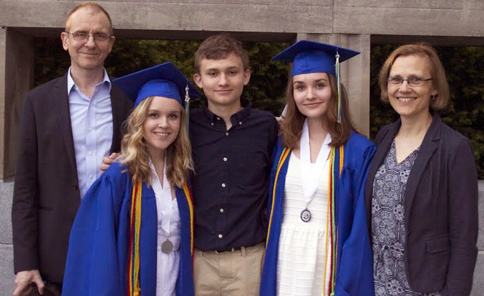 Left to right, Raskin's husband Eric Michielssen, children Elien, Senne and Marlies Michielssen, and Raskin, taken after the high school graduation of Elien and Marlies.