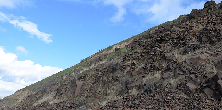 Stark, barely visible in an orange safety vest, explores the steep slope consisting of old volcanic basalt flows.