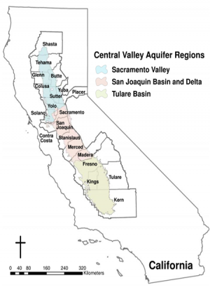 Map of the Central Valley Aquifer of California. The major basins of the Central Valley Aquifer are the Sacramento Valley (blue), San Joaquin Basin and Delta (red), and Tulare Basin (green). The 20 counties overlying the Central Valley Aquifer are provided.