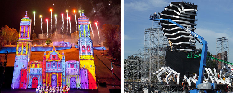 Left: Puebla's 150th Cinco de Mayo celebration. Right: outdoor structure for 2016 Electric Zoo music festival