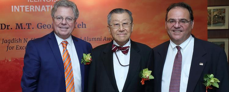 College of Engineering Dean Andreas Cangellaris, Geoffrey Yeh and Benito MariÃ±as at the Madhuri and Jagdish N. Sheth International Alumni Award for Exceptional Achievement award ceremony