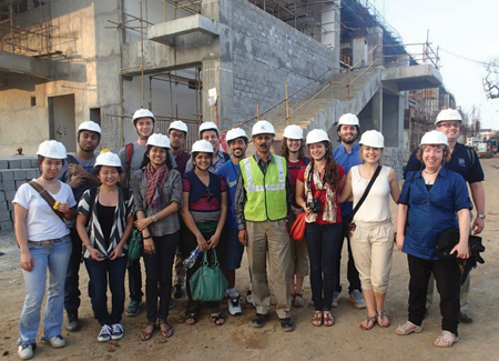<em>The entire Global Leaders group at the Chennai Metro Rail construction site. CEE Professor <a href="/faculty/barbaraminsker">Barbara Minsker</a> (right front in blue shirt) and Research Assistant Professor <a href="/faculty/joshuapeschel">Joshua Peschel</a> (right, behind Minsker) led the trip. Photo: Jorge Flores</em>