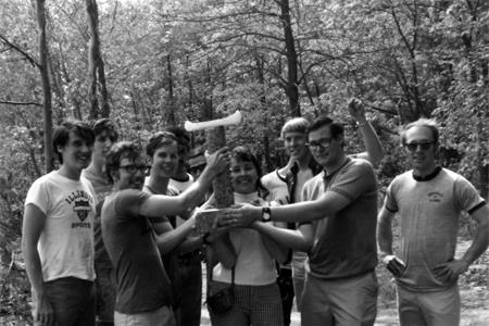 The first concrete canoe team accepts the first-place trophy.