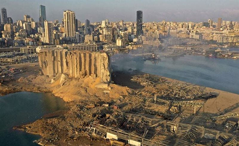 Ground zero at the Port of Beirut, Lebanon, and the severely damaged grain silos in the aftermath of the Aug 4, 2020 explosion. Courtesy of Sadek et. al (2021) GEER report