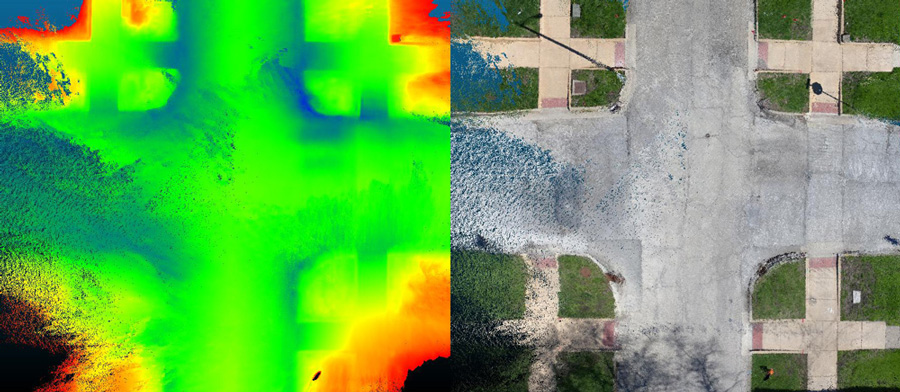 Scans produced by the DeepWalk mobile application that indicate the depth of each area on the street and sidewalks.