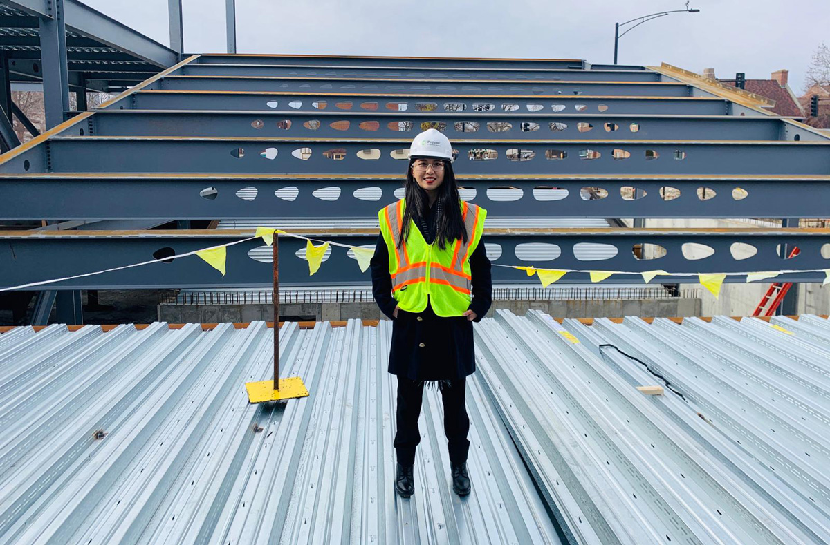 Shelly Zhang view installed beams at CIF