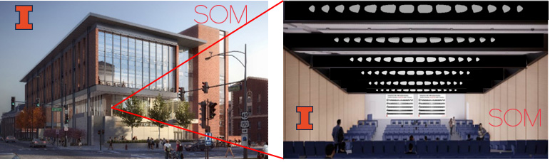 Left: Campus Instructional Facility project. Right: Beams designed by Zhang using topology optimization in collaboration with SOM.