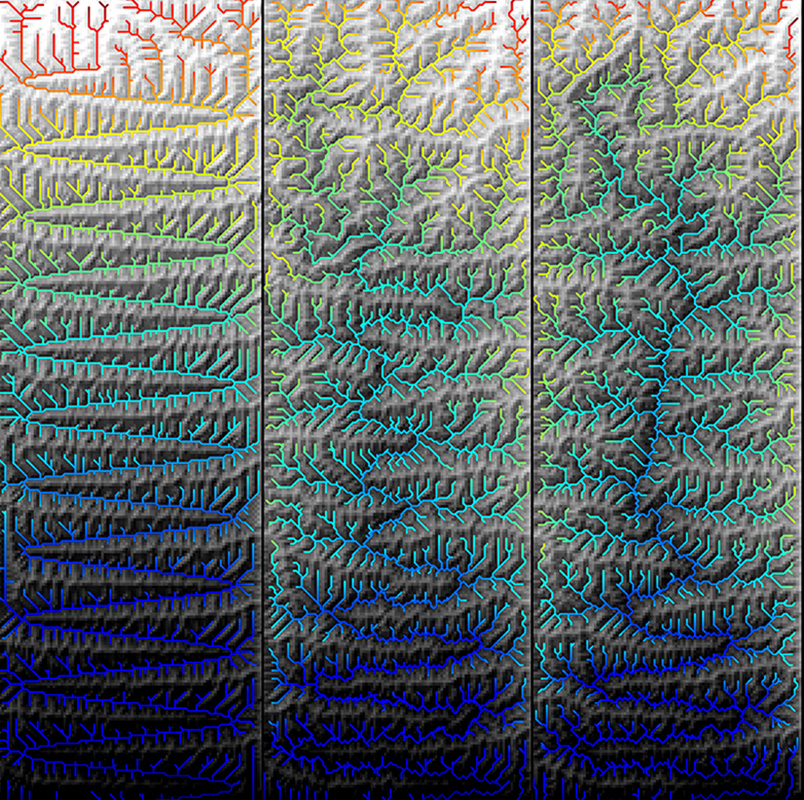 The three panels show model results of a landscape and river network evolving over 10 million years. The first panel represents 0 to 5 million years, the second panel shows 5 to 10 million years and the third shows 10 to 15 million years. Graphic courtesy Jeffrey Kwang