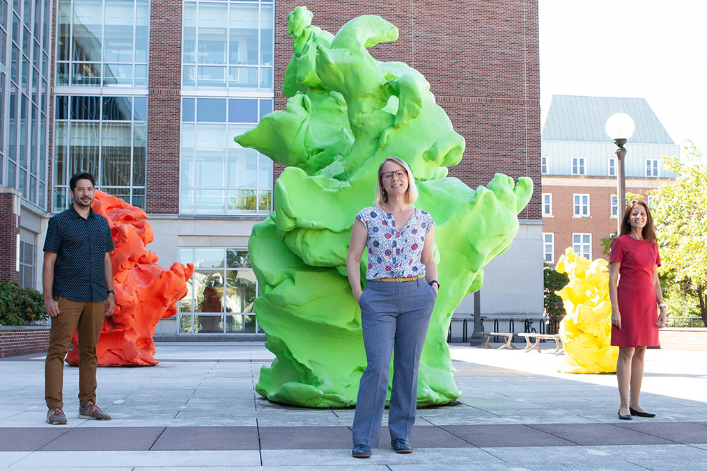 From left, mechanical science and engineering professor Gabriel Juarez, mechanical science and engineering professor Amy Wagoner Johnson, and civil and environmental engineering professor Rosa Espinosa-Marzal. Photo by Jillian Nickell