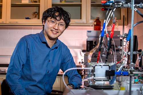CEE affiliate professor Xiao Su and colleagues found an economical and sustainable method for separating cobalt and nickel from each other for battery recycling purposes &ndash; making spent battery electrodes a secondary source of these valuable metals. Photo by Fred Zwicky