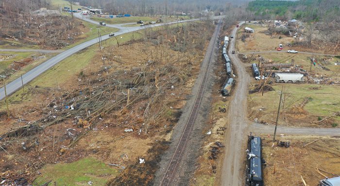 Freight train cars derailed and surrounding damage near Earlington, KY