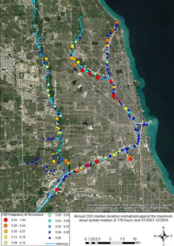 Map showing frequency of CSOs in Chicagoland area