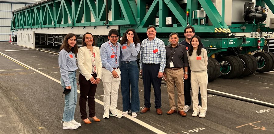 University of Illinois Urbana-Champaign Department of Civil and Environmental Engineering researchers smile while visiting the Federal Aviation Administration&amp;amp;amp;rsquo;s William J. Hughes Technical Center in Atlantic City, New Jersey. The researchers include, from left: Lara Diab, Angeli Jayme, Johann Cardenas, Lama Abufares, Imad Al-Qadi, Navneet Garg (FAA), Egemen Okte and Qingwen Zhou.