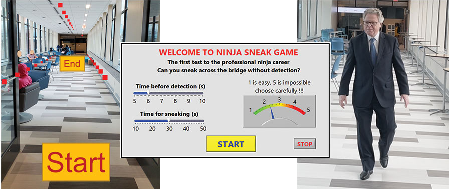 A diagram of the sensor layout and start/finish lines, and the interface which allows players to select the difficulty and set a timer. Provost Andreas Cangellaris tried out the Ninja Sneak game during the Grand Opening.