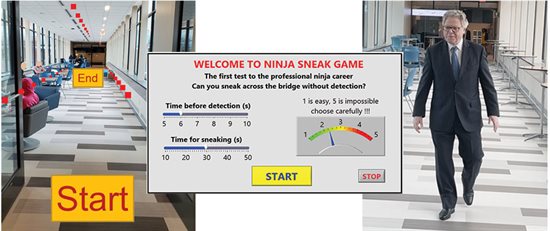 A diagram of the sensor layout and start/finish lines, and the interface which allows players to select the difficulty and set a timer. Provost Andreas Cangellaris tried out the Ninja Sneak game during the Grand Opening.