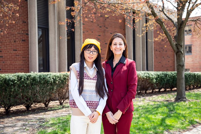 Graduate student Binxin Fu, left, and civil and environmental engineering professor Rosa Espinosa-Marzal used microscopic-scale observations to simplify how scientists describe macroscale earthquake movement. Photo by Michelle Hassel