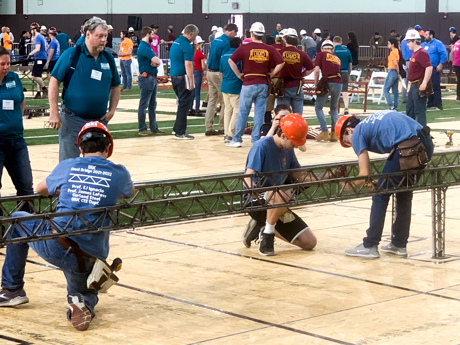 Timed bridge construction by the UIUC Student Steel Bridge Team at the national competition.