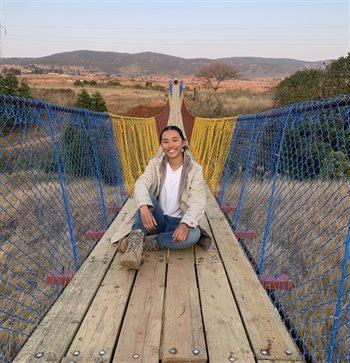 Rachel Chen (B.S. &rsquo;25, Civil Engineering), seen here on the finished KaZenzele Footbridge in Eswatini, was among the EIA Bridge Program students to receive cultural training from IPENG before their trip. (Photo courtesy of Rachel Chen)