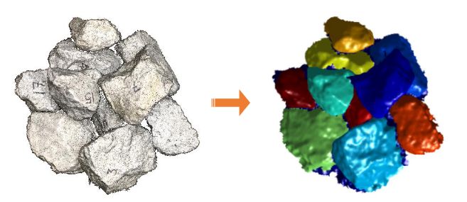 Provided by John M. Hart. An image showing a point cloud of a riprap stockpile, left, and the segmentation of individual riprap particles, right. After segmentation, the researchers&amp;amp;rsquo; AI algorithm will also complete the 3D shape of the segmented rocks before determining their volume.