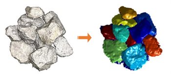 Provided by John M. Hart. An image showing a point cloud of a riprap stockpile, left, and the segmentation of individual riprap particles, right. After segmentation, the researchers&amp;amp;rsquo; AI algorithm will also complete the 3D shape of the segmented rocks before determining their volume.