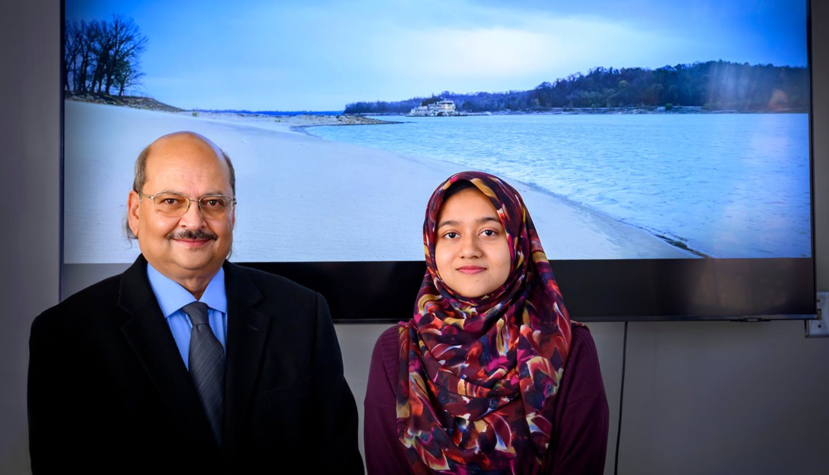 Professor Praveen Kumar and study co-author Afeefa Rahman. The background shows significantly lower-than-normal water levels in the Mississippi River near Grand Tower, Ill. Also seen in the image is the U.S. Army Corps of Engineers&amp;rsquo; effort to dredge the river to facilitate barge traffic. Photo by Fred Zwicky