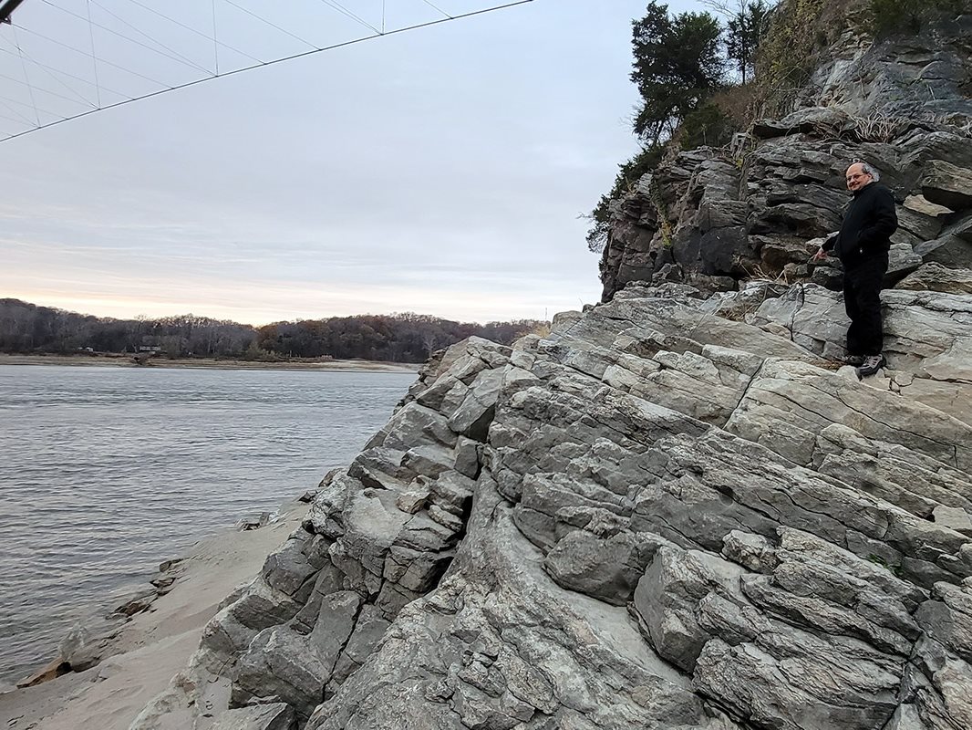 The current water level, due to lack of any meaningful rain in recent months in the upper Mississippi River-Missouri River basin, is very low. Kumar stands at what the normal river level should be at the Devil&amp;rsquo;s Backbone, a landmark about 100 miles south of St. Louis. Photo courtesy Praveen Kumar