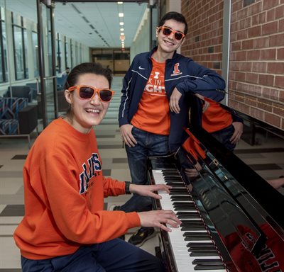 CEE students Lauren&amp;amp;amp;amp;amp;amp;amp;amp;amp;amp;nbsp;Schissler and Alejandro Fernandez, who both play trumpet for the Illini Marching Band, show their love for music and engineering outside the Kavita and Lalit Bahl Smart Bridge. The piano was gifted to the Civil and Environmental Engineering Department by a donor.&amp;amp;amp;amp;amp;amp;amp;amp;amp;amp;nbsp;