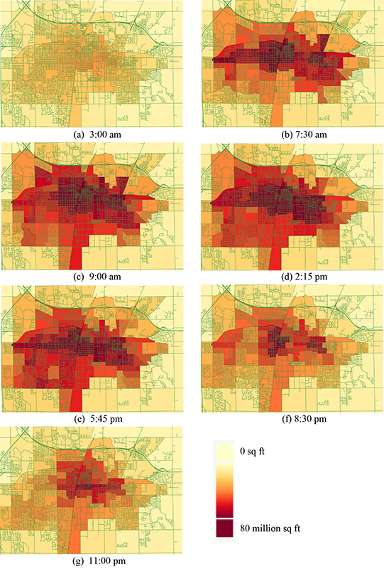 This figure shows the relative accessibility of each block of the CUMTD service area at seven selected times. The maps highlight how daytime service is concentrated around the U. of I. campus and downtowns areas, benefiting people working a regular daytime shift. Accessibility drops in the evening and may pose challenges for those operating on late-night and off-peak schedules, and those who need to make spontaneous trips. Graphic courtesy Dale Robbennolt and Ann-Perry Witmer