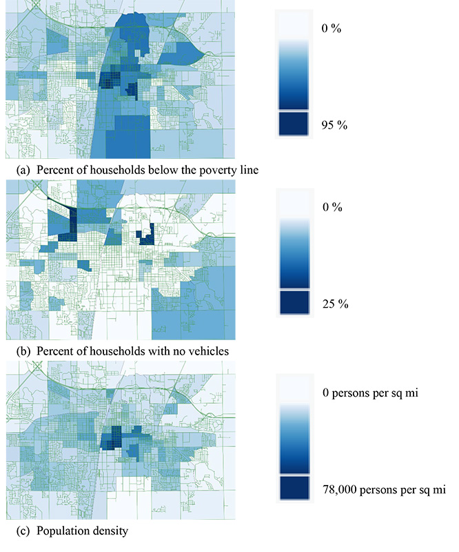 This figure shows the block group characteristics of the CUMTD service area based on the American Community Survey. The highest poverty areas shown in the figure were those in the U. of I. campus, which were well served by the transit system. This map highlights how areas &ndash; outside of the campus area &ndash; with a high poverty rates have low accessibility compared with the areas immediately around them. Graphic courtesy Dale Robbennolt and Ann-Perry Witmer