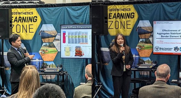 Mingu Kang (left) and Han Wang present their research at the&amp;nbsp;Geosynthetics Conference 2023.