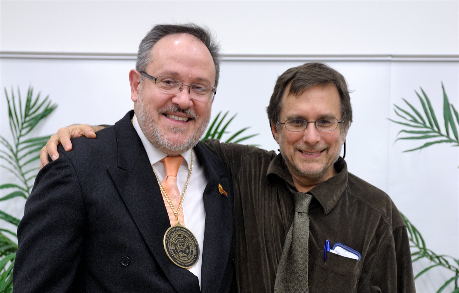 Marcelo Garcia (left) with Gary Parker at Garcia's 2014 investiture as the Geoffrey M.T. Yeh Endowed Chair in Civil Engineering.