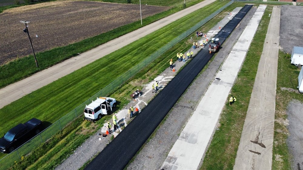 The constructed test site for a joint Illinois Center for Transportation (ICT) and Illinois Department of Transportation project at ICT in Rantoul, Ill., on May 19, 2023. The 450-foot-long site consists of six pavement sections made with different stone-matrix asphalt mixtures using aggregates available in Illinois.