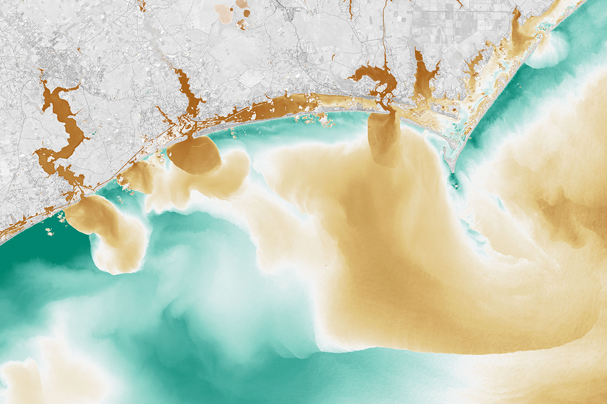 NASA image showing presence of dissolved inorganic matter in North Carolina waterways.