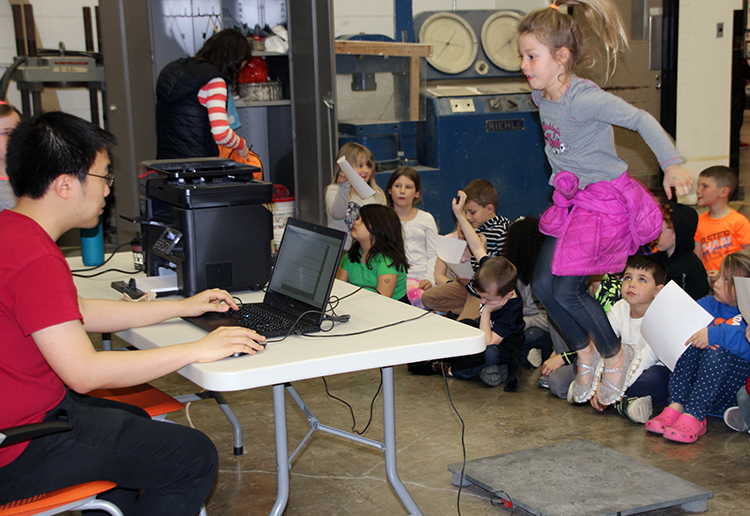 Shakes and Quakes program being held in Newmark Laboratory for over 200 first graders from Sangamon Elementary School in Mahomet, Ill.