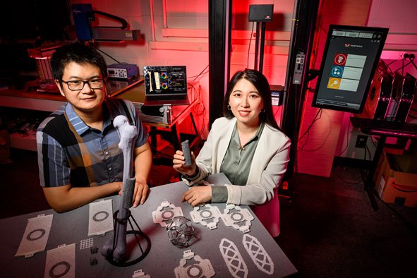 &lt;em&gt;Graduate student Yingqi Jia, left, and professor Shelly Zhang used machine learning and 3D printing to fabricate a new bio-inspired material that may improve conventional methods for healing broken bones.&amp;nbsp;&lt;br&gt;Photo by Fred Zwicky&lt;/em&gt;