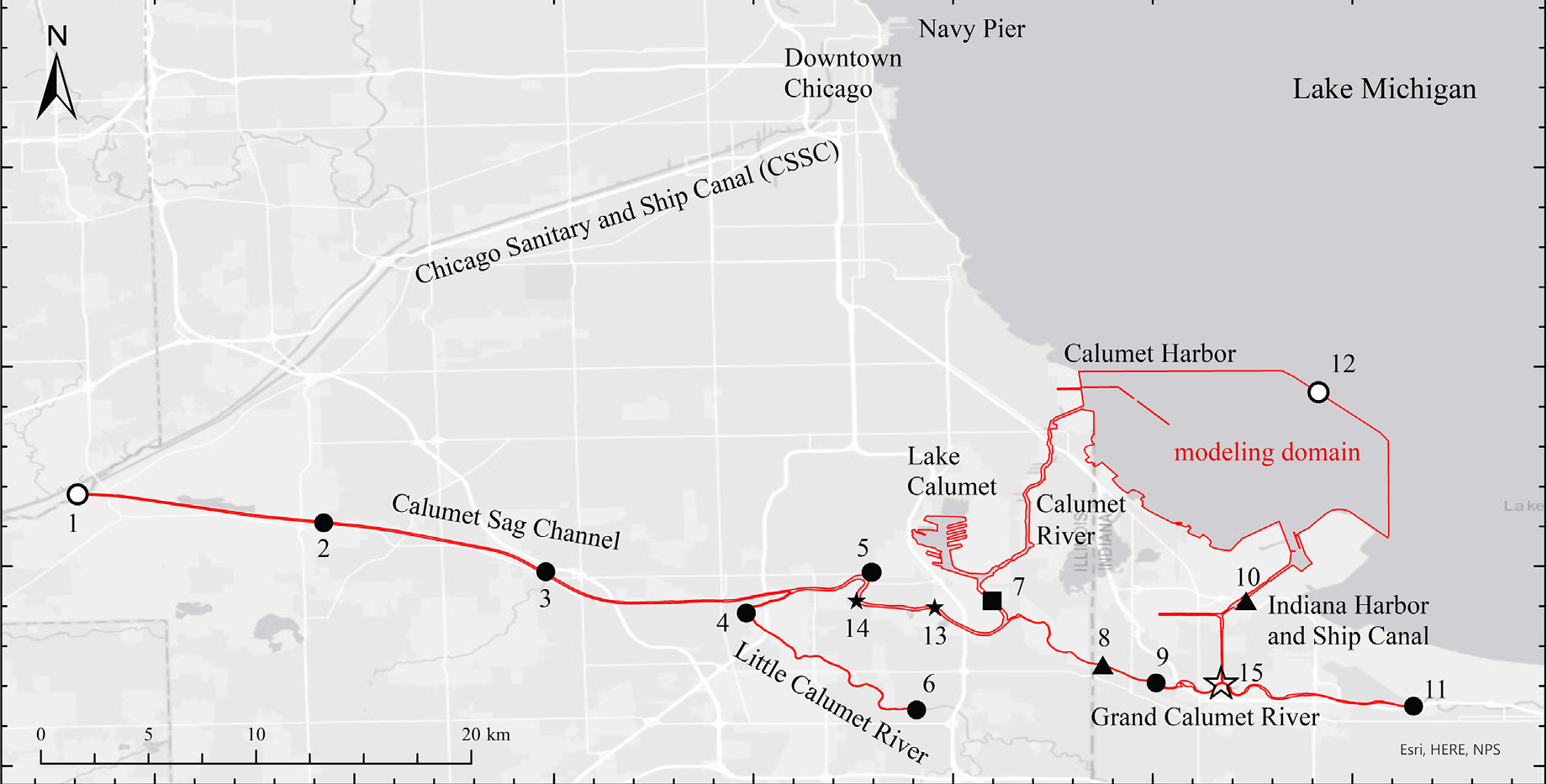 Calumet Area Waterway subsystems &amp;amp;ndash; the modeling domain of this study. Locations of the model boundaries and model validation points are marked.